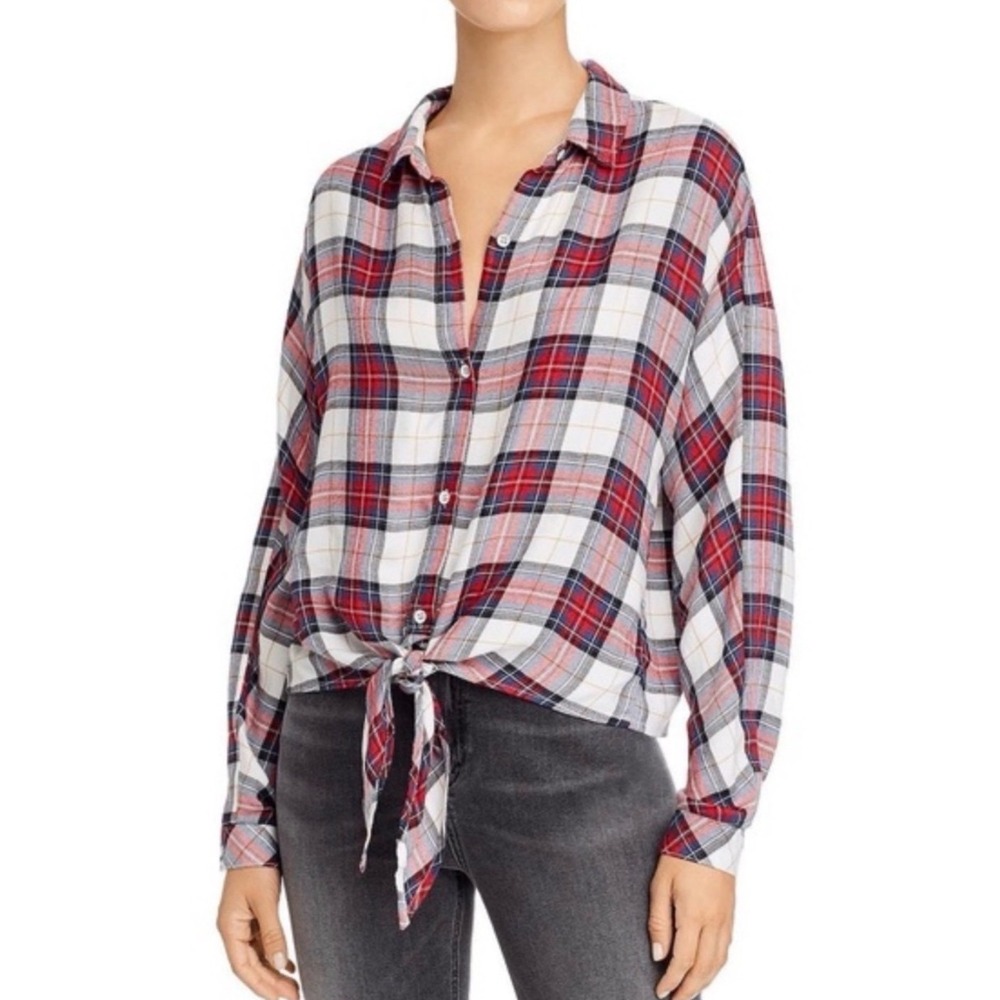 Bella Dahl Womens Red White Plaid Tie Front‎ Button Down Shirt Large